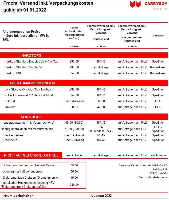 CARRYBOY Versandkosten 2021