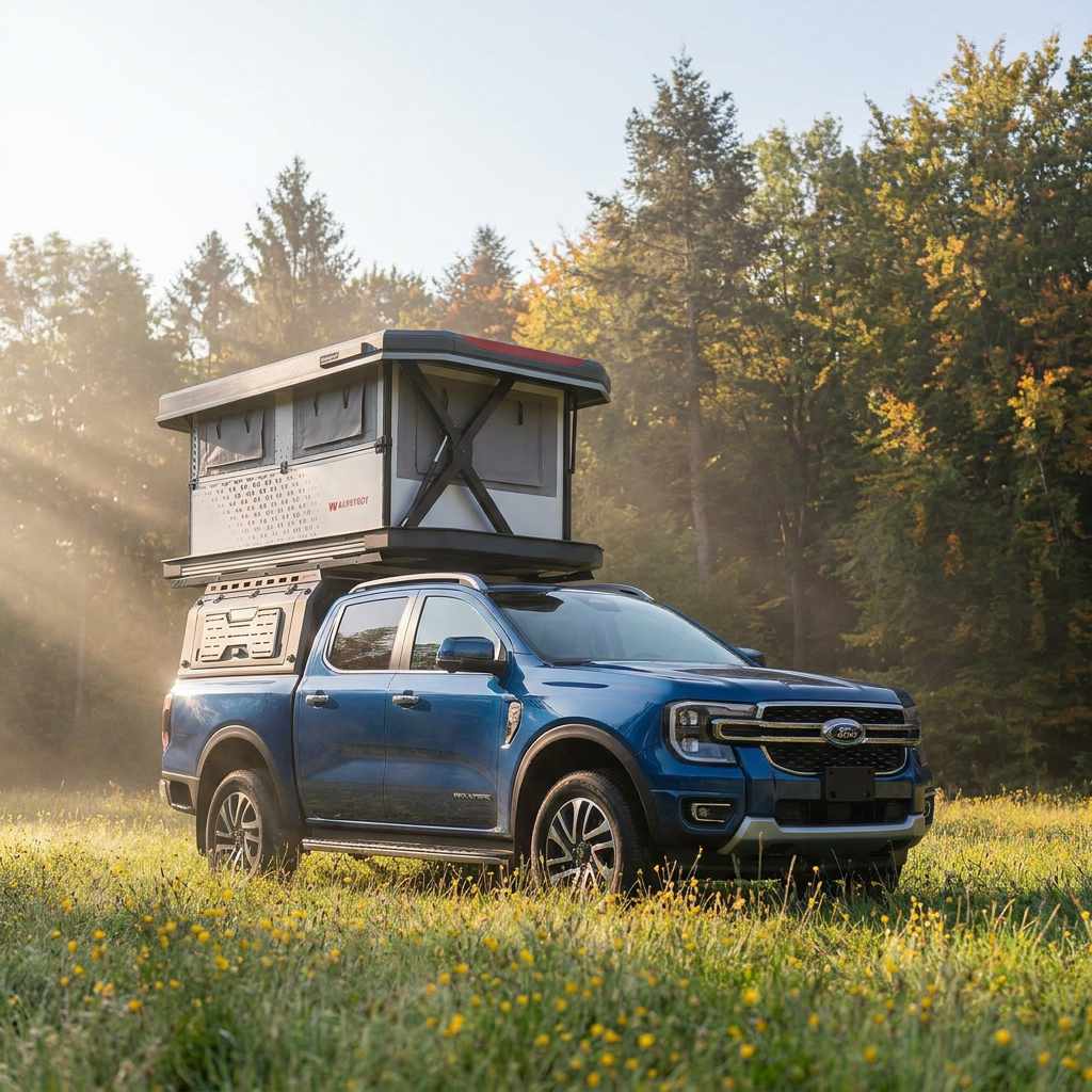Pickup, Lkw, Dachzelt, blau, Campingausrüstung,