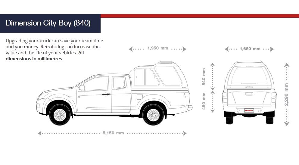 CARRYBOY Hardtop 840 über Kabinenhöhe für Ford Ranger Extrakabine Extracab Abmessungen