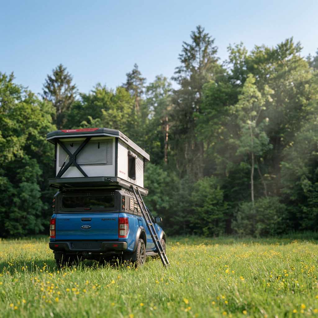 camping, Pickup-Truck, Dachzelt, Außenaufnahme, Waldfeld,